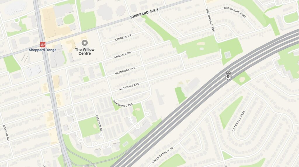 A Map of the location of The Willow Centre, 45 Sheppard Ave E #202, North York, ON M2N 5W9